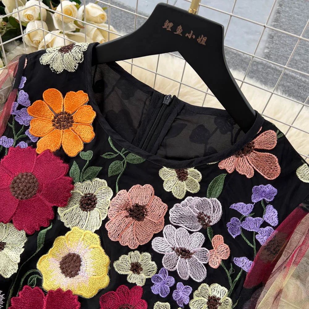 Retro Print Embroidery Elegant Mesh Dress A-line O-neck Long Sleeve Casual High Waist Dress Women Summer