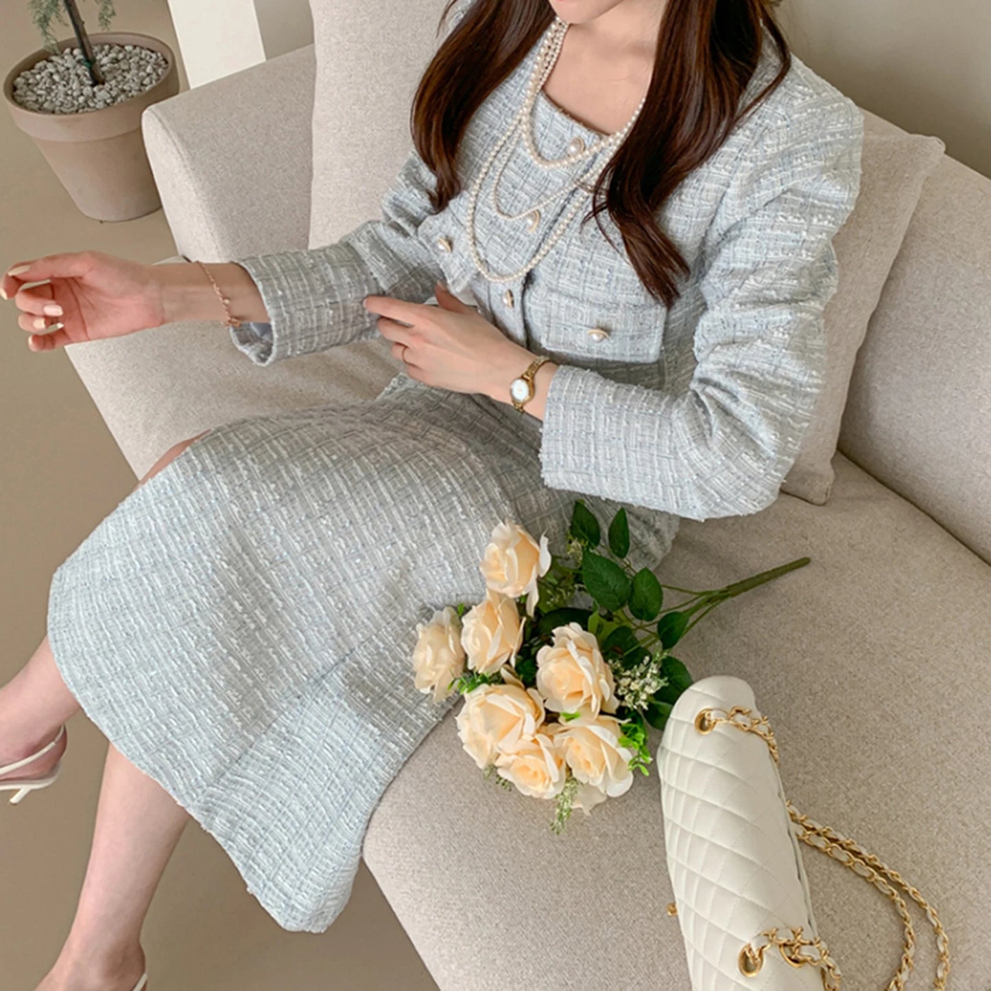 Vintage Tweed 2-piece Spring Autumn Women’s Elegant Two Pieces Set Pearl Buckle Cropped Coats+Pencil Skirt Small Fragrant Suits