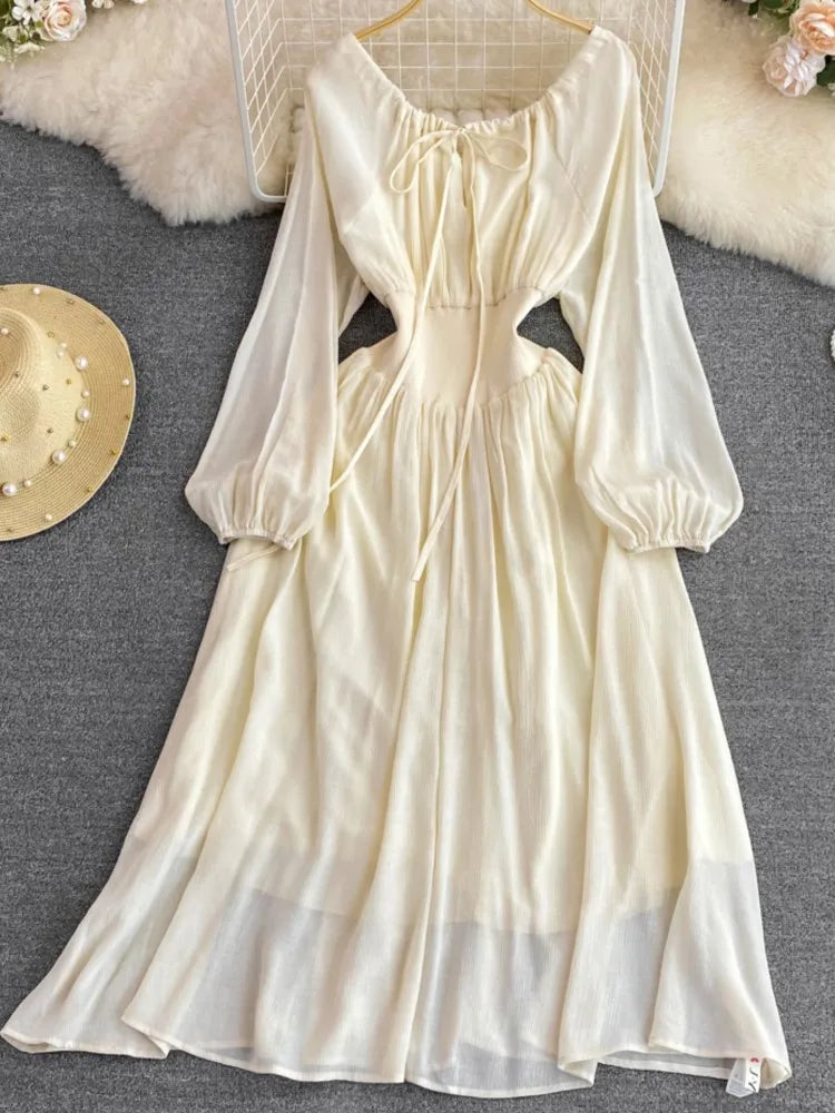 Elegant Sweet Princess Party Dress Women High Waist A-Line Lace Up Autumn French Vintage Prom Robe One Piece Vestidos Mujer New