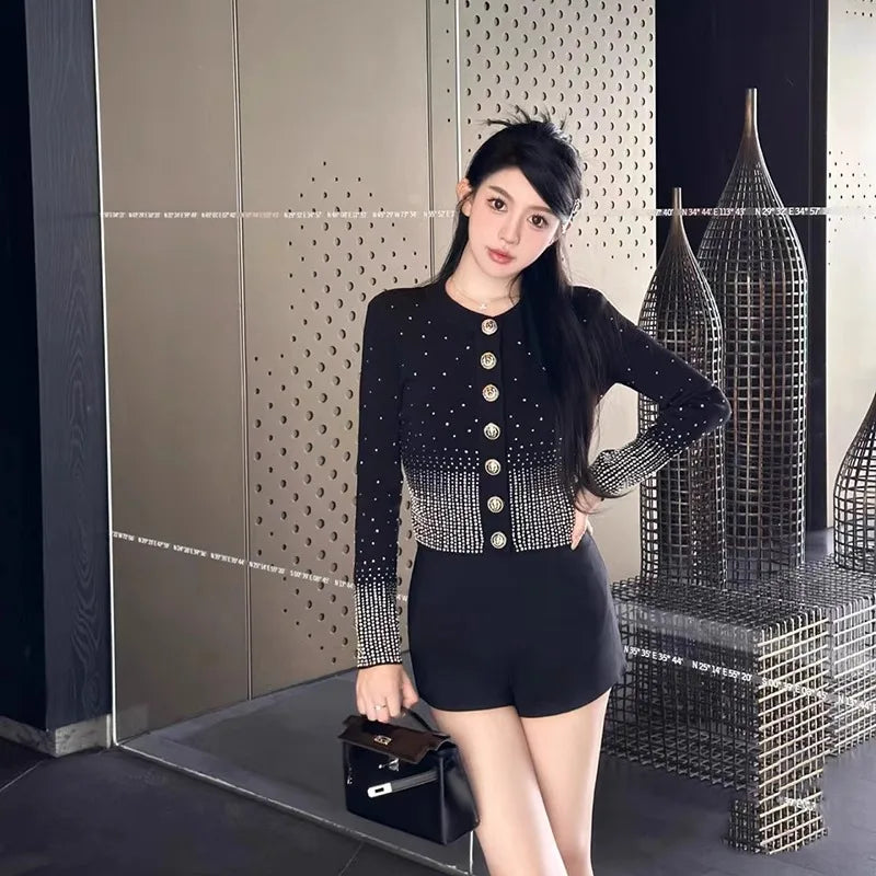 Rhinestone Decoration Knitted Cardigan Women Stylish Elegant Sweater Cropped Knit Jacket Single-breasted Chic Thin Coat Spring