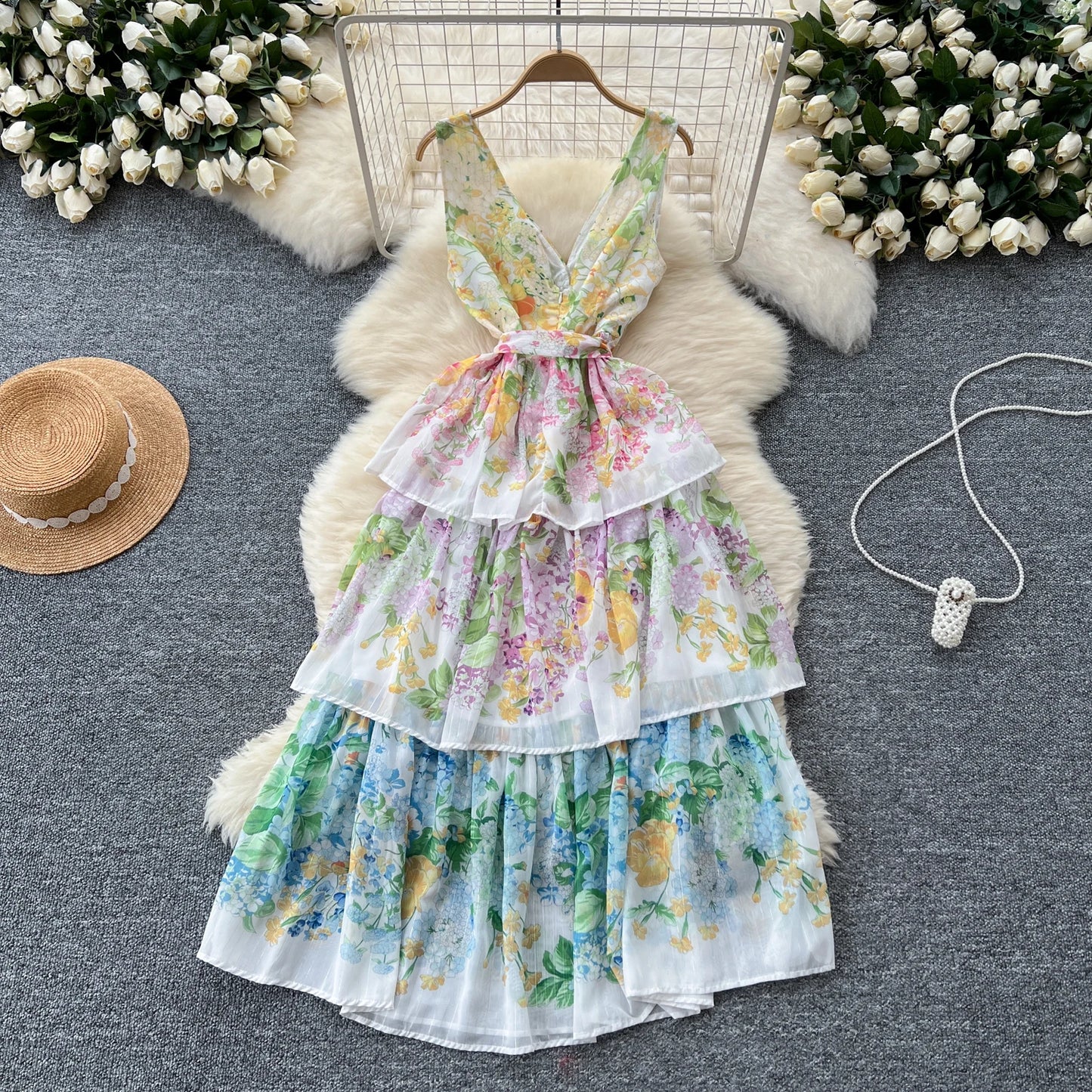 Vintage Print Elegant Sleeveless A-line Vneck Ruffle Bandage Dress Casual Women Fashion Autumn Spring Dress