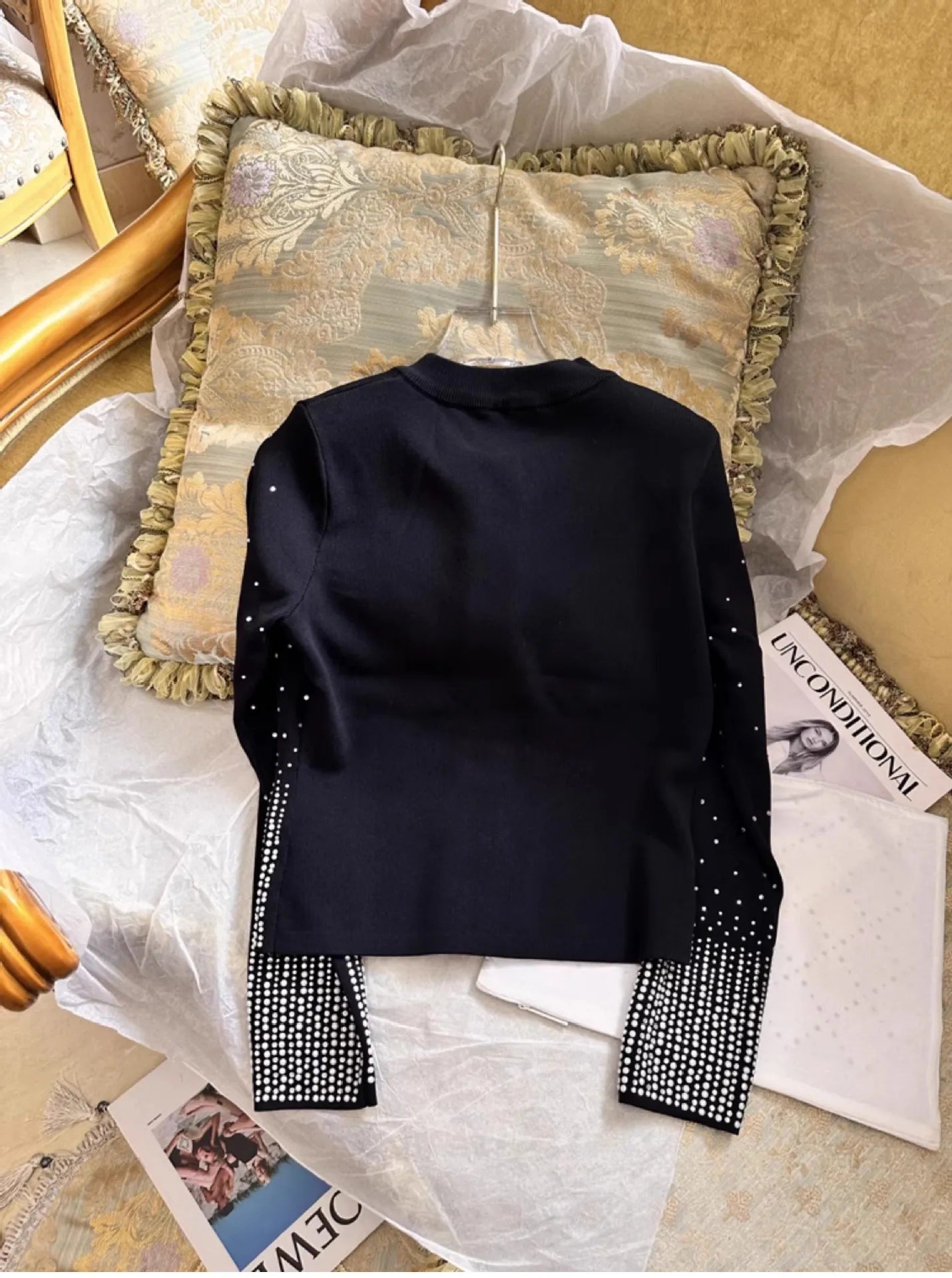 Rhinestone Decoration Knitted Cardigan Women Stylish Elegant Sweater Cropped Knit Jacket Single-breasted Chic Thin Coat Spring
