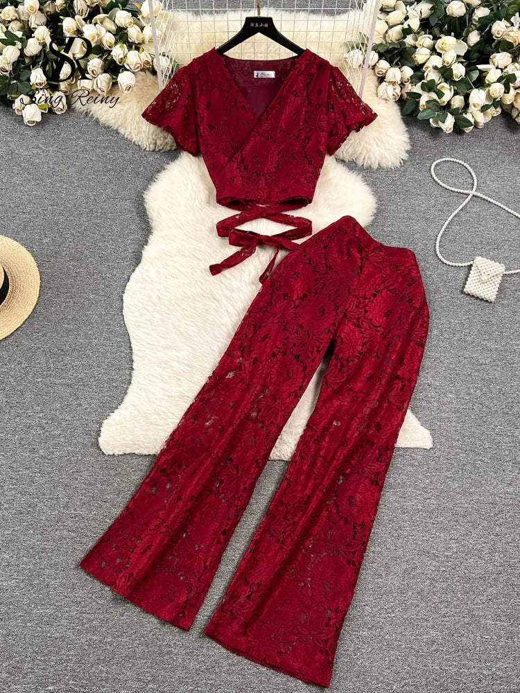 SINGREINY High Street Women Lace Slim Two Pieces Suits Summer Lace Up Short Top+Wide Legs Long Pants Set Retro Lace Floral Sets