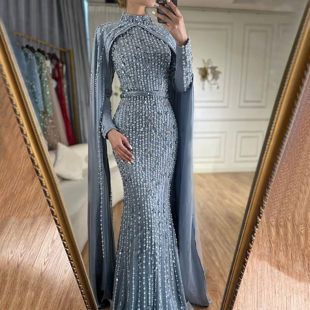 Serene Hill 2024 Luxury Dubai Blue Muslim Mermaid Beaded Evening Gowns with Cape Sleeves for Women's Party LA72533