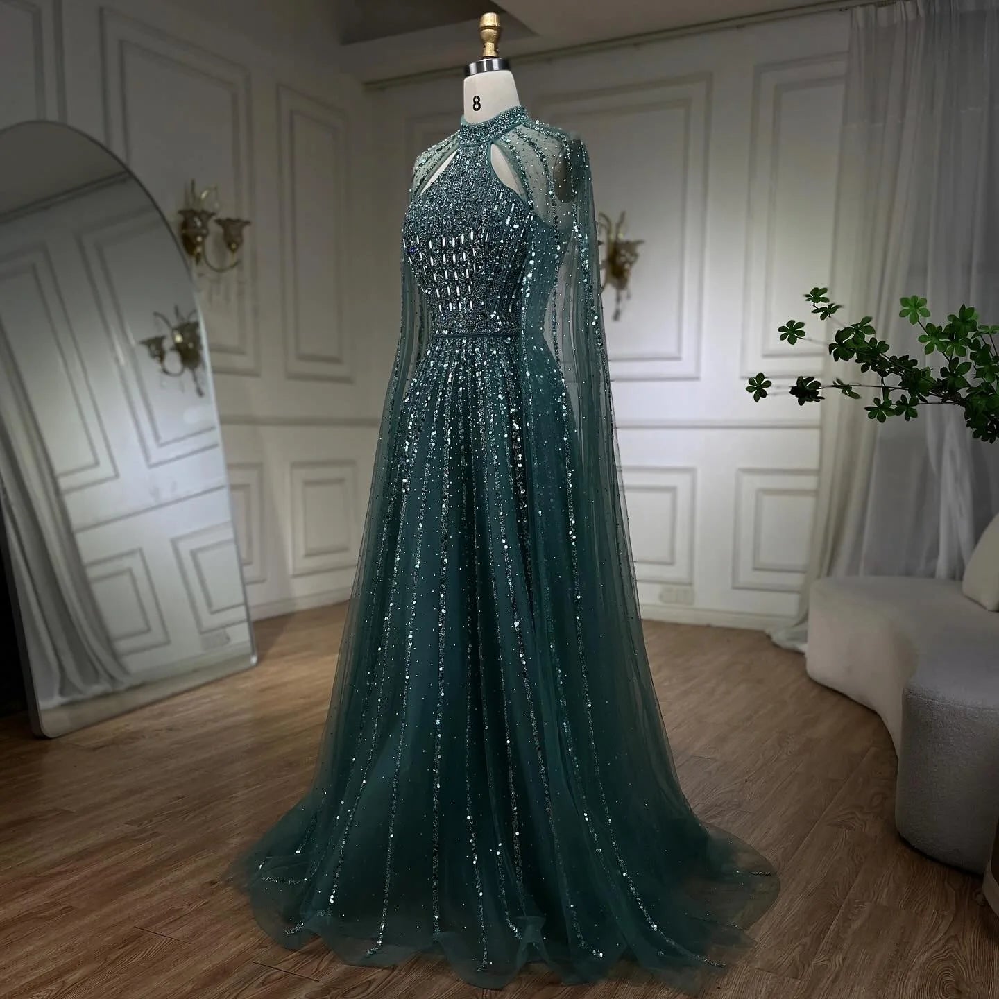 SERENE HILL 2024 Caramel Arabic Dubai Luxury Beaded Cape Sleeves Evening Dresses Formal Gowns For Women Wedding Party GLA72306A