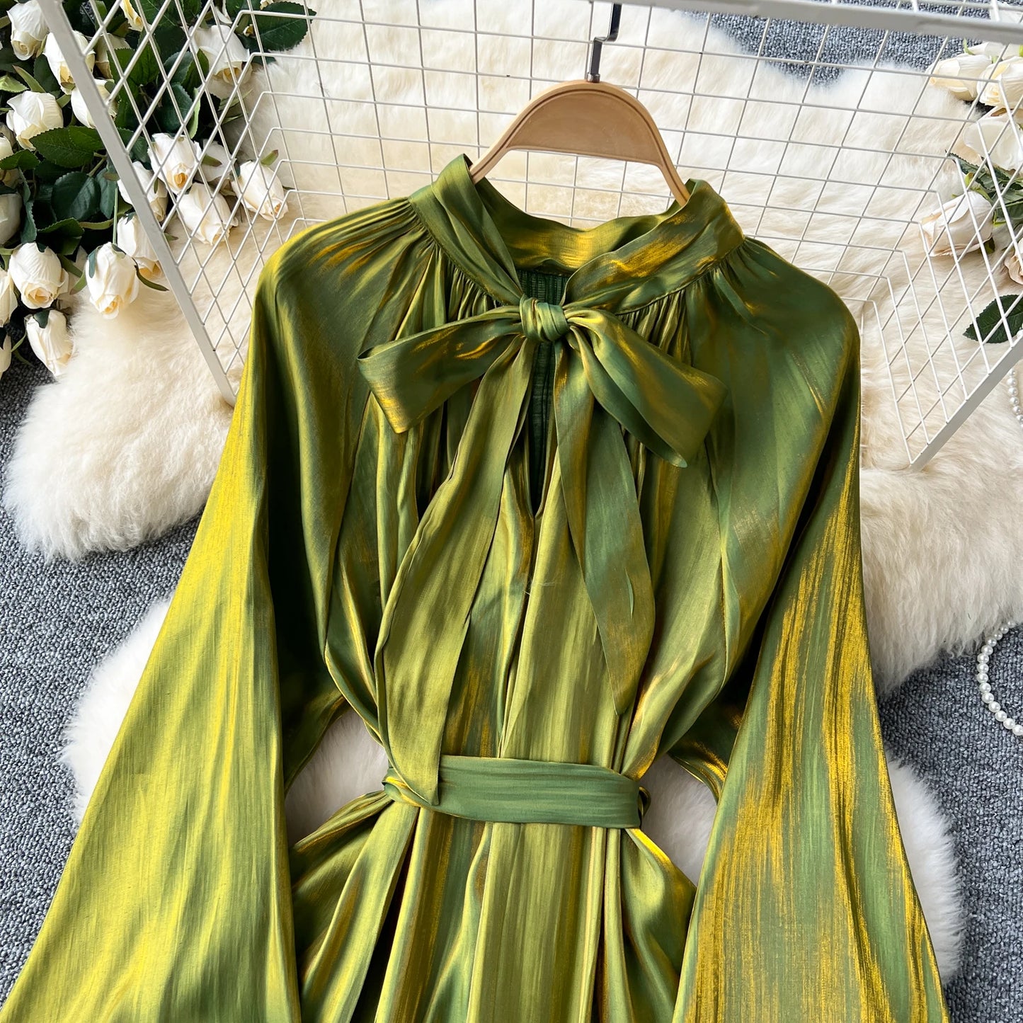 French Vintage Pleated lool sleeve print Lace-up Bow sweet Dress Casual Women Fashion summer dresses