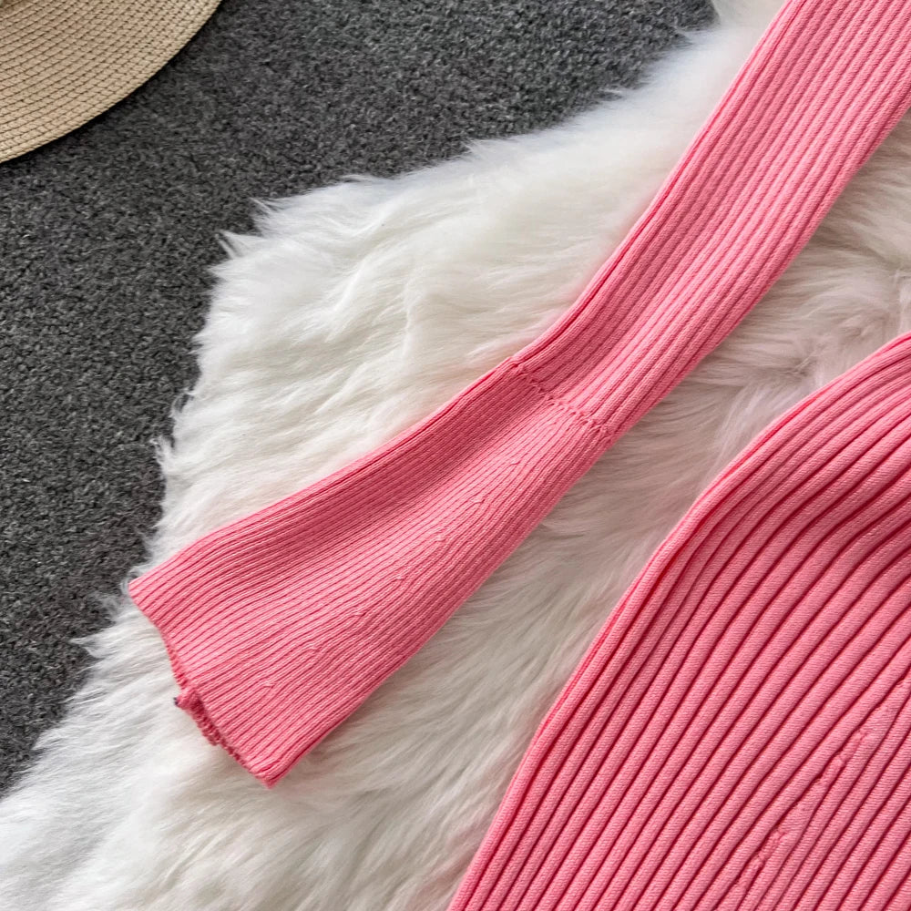 Women Chic Elegant Long Sleeve Bodycon Vneck Dress Sexy French Fashion Knit Wrap Vestidos Elastic Slim Pencil Sweater Dress