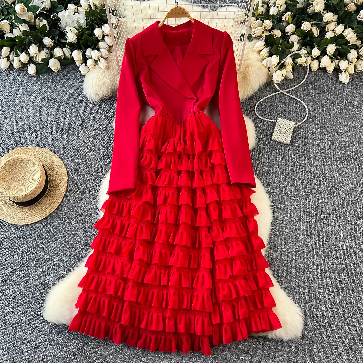 French Vintage Two Pieces Sets Notched lool sleeve mesh sweet A-line Chic PATCHWORK Women Summer dresses