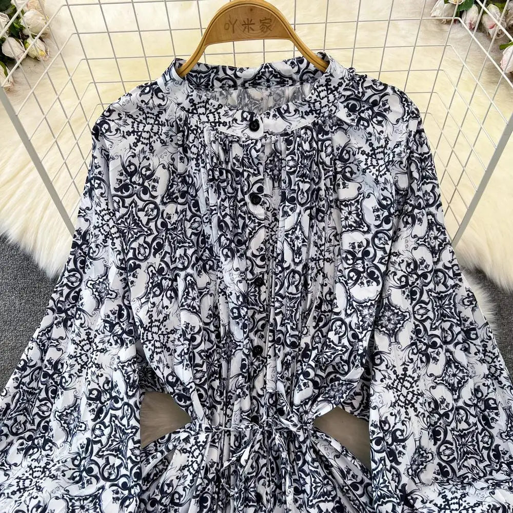 Elegant Women Casual Floral Print Party Dress Vintage Lantern Sleeve A-Line Pleated Prom Birthday Clothes Female Fashion Robe