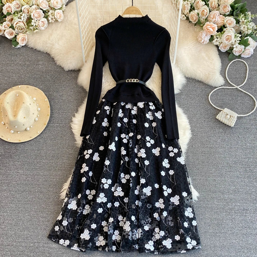 Women Chic Long Sleeve Stand Collar Patchwork A-line Dress Vintage Korean Fashion Knit Vestido Elegant Autumn Winter Knitwear