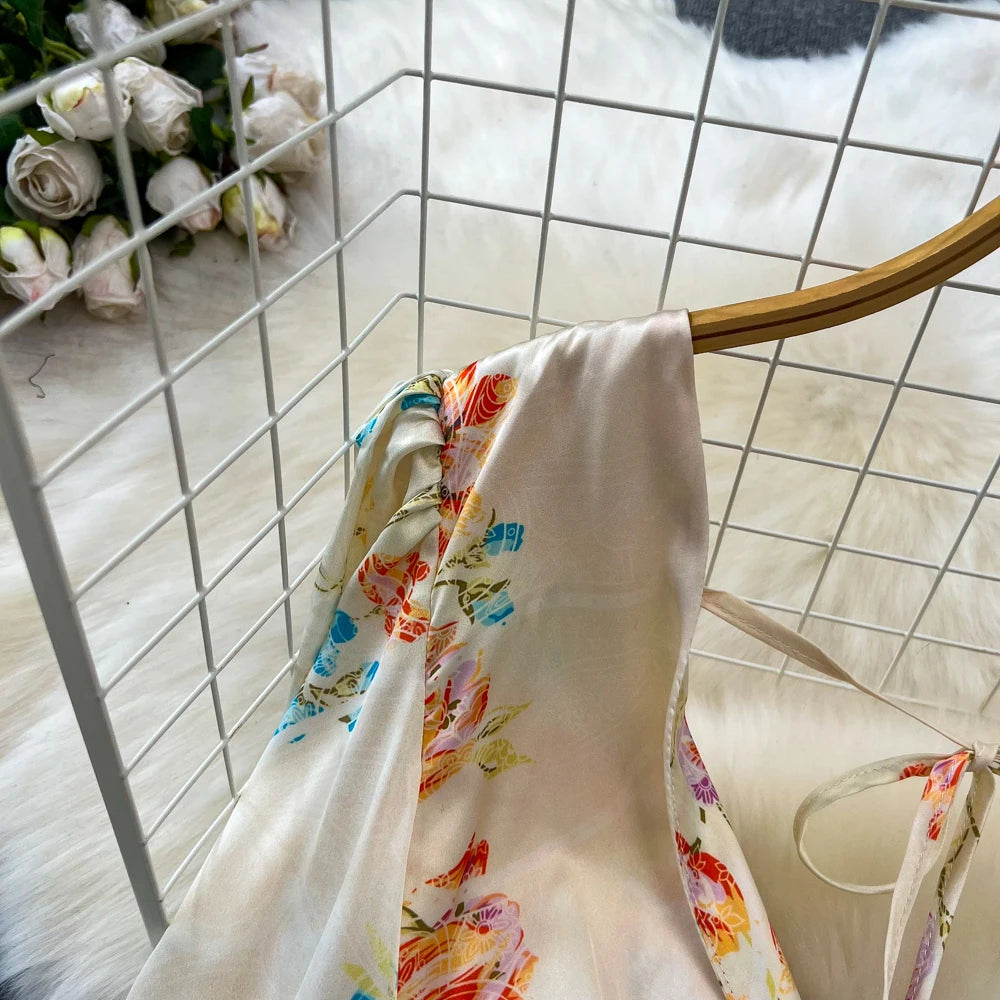 Sexy Bodycon Satin Floral Long Dresses for Women Lantern Sleeve V-Neck Slim Mermaid Evening Party Dress Prom Robe New Vestidos