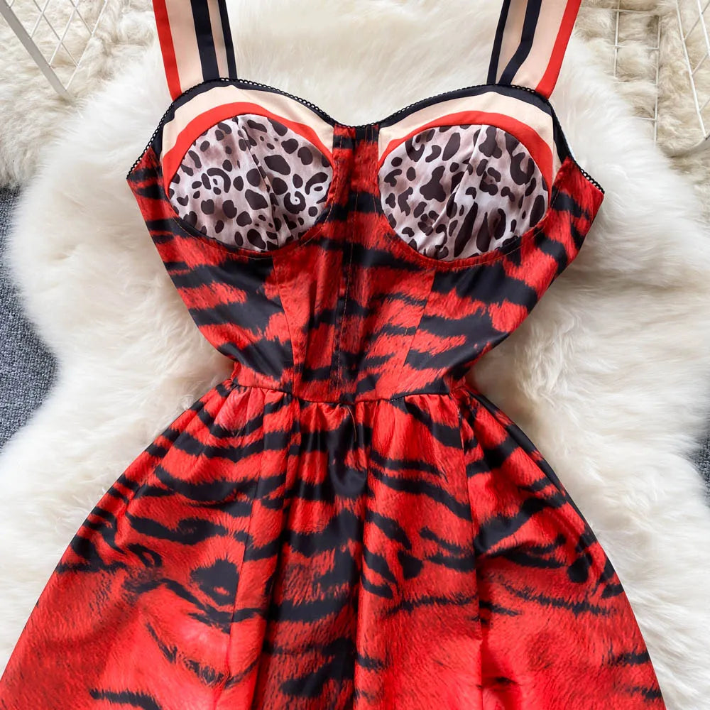 Women Vintage Party Dress Summer Leopard Print Three-dimensional Midi Dresses Ladies Elegant A Line High Waist Long Robe