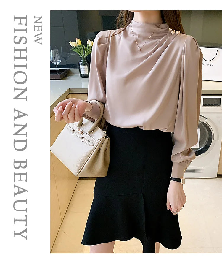 Autumn New Women's Style Stand up Collar Pleated Long Sleeve Top Fashion Lantern Sleeve Loose Elegant Solid Color Shirt Blouse
