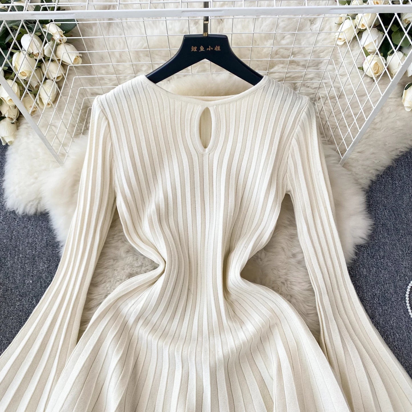 Women Chic Elegant O Neck Long Sleeve Dress French Sexy Fashion Knit Elastic Slim A-line Mini Dress