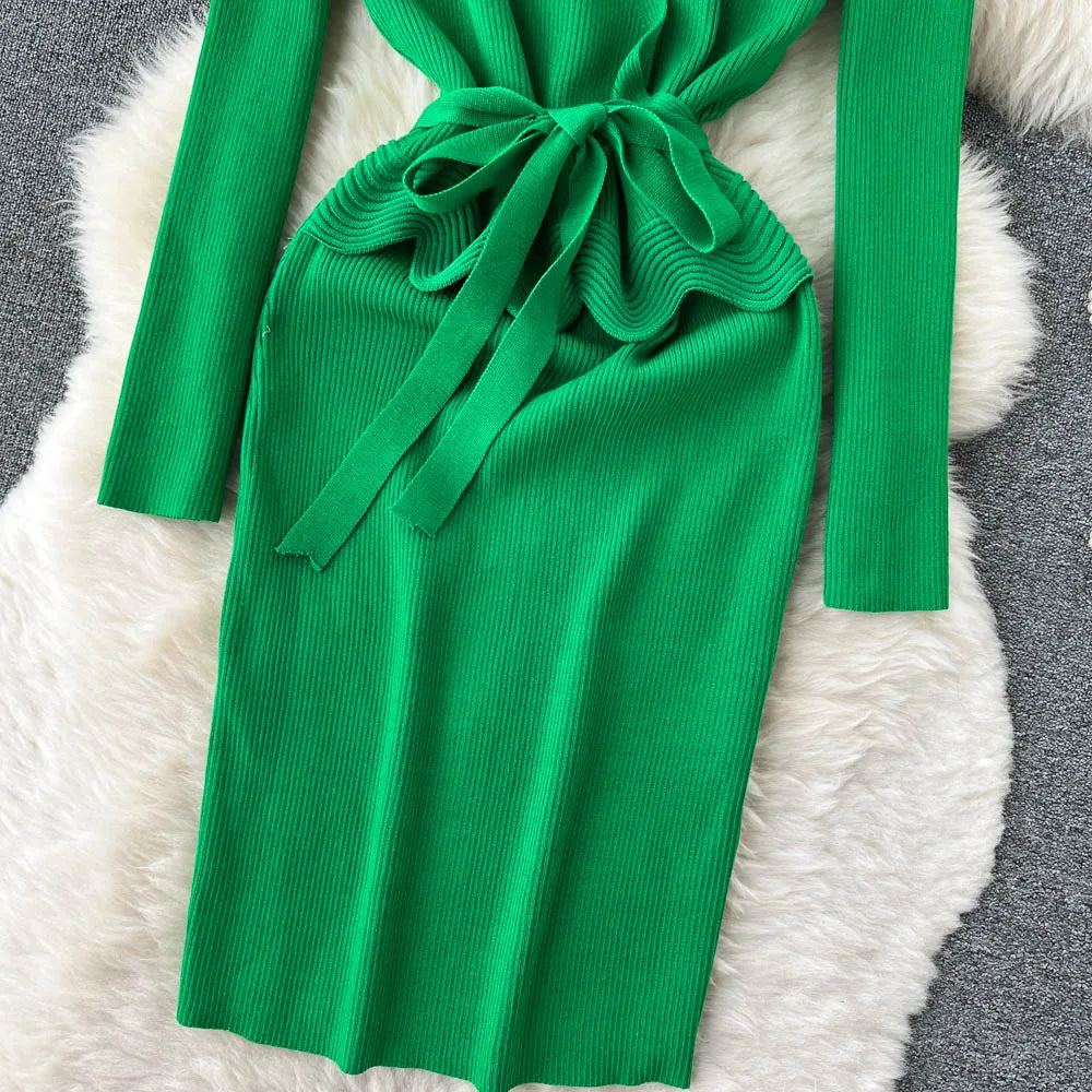 Women Long Sleeve V Neck Sexy Knit Bodycon Dress Chic Vintage Lace Up French Fashion Vestidos Party Elegant Fashion Dresses Y2k