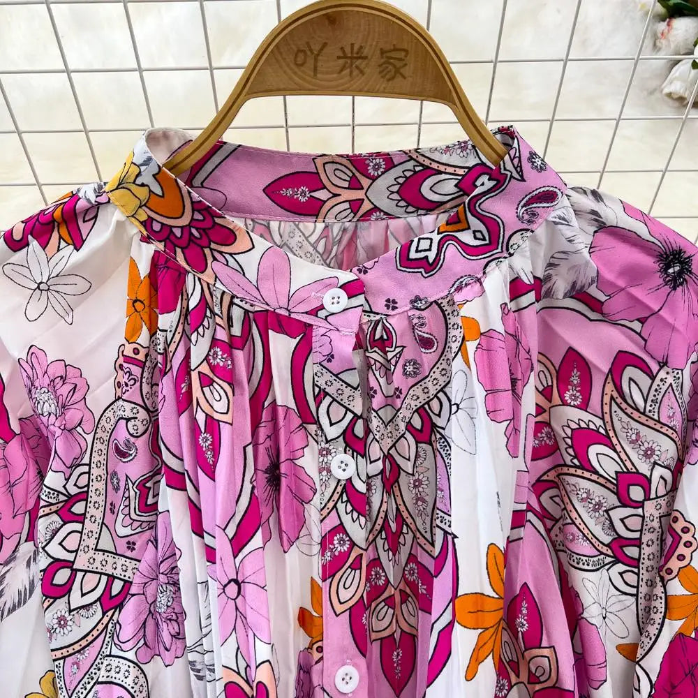 Elegant Women Casual Floral Print Party Dress Vintage Lantern Sleeve A-Line Pleated Prom Birthday Clothes Female Fashion Robe