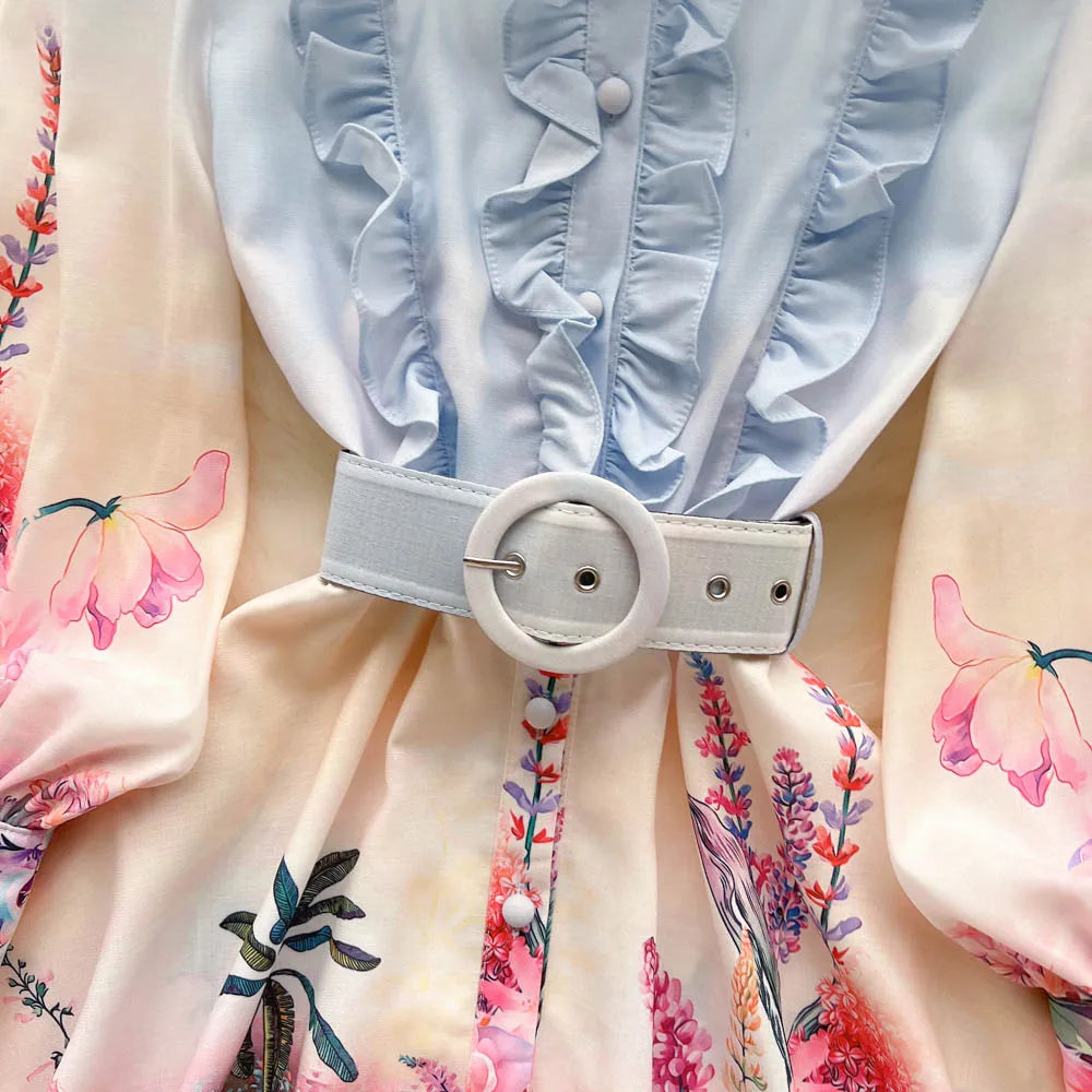 Chic Print Ruffle Elegant Puff Sleeve Dress A-line Casual Belt Beach Vacation Mini Dress Women Fashion Summer Spring Vestidos