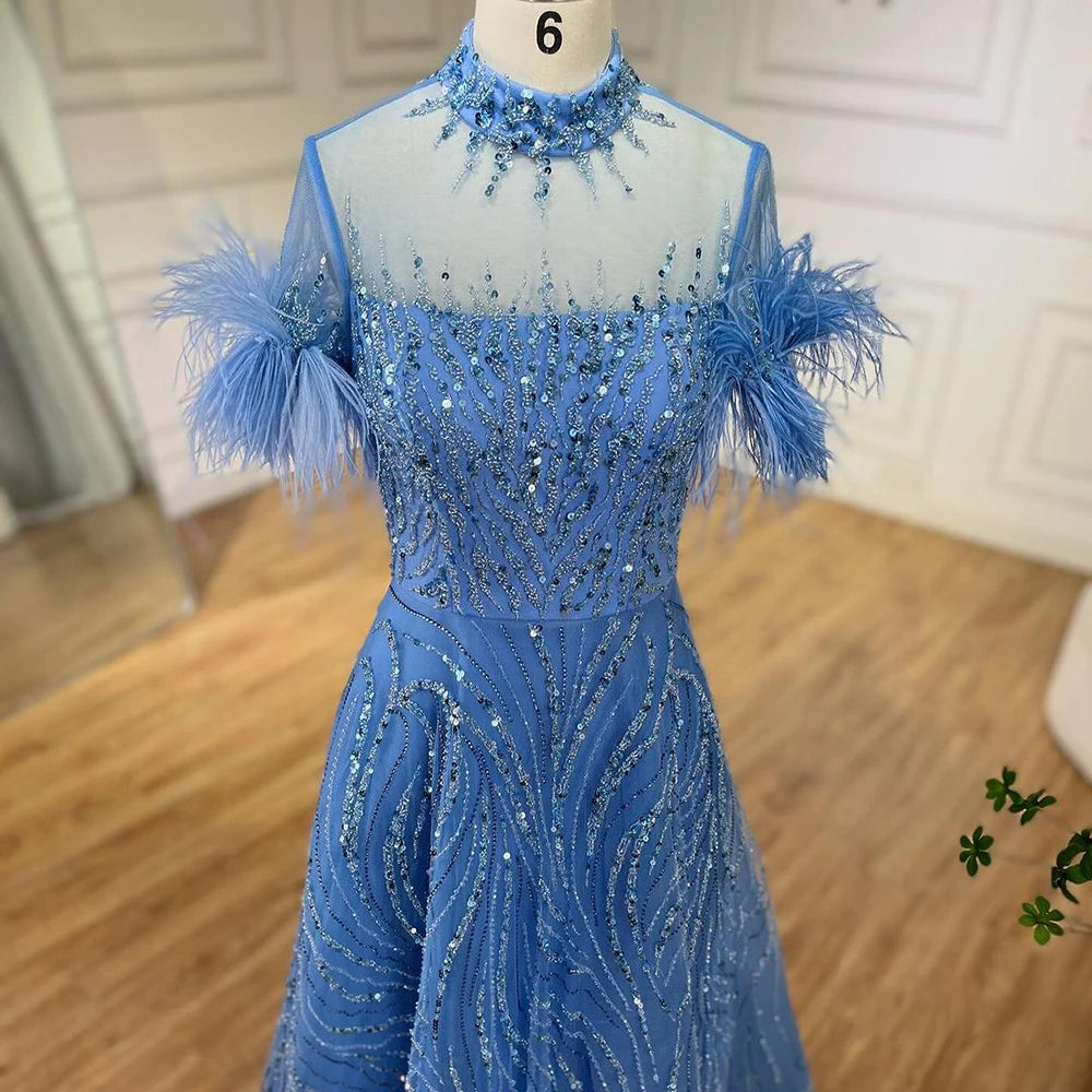 Serene Hill 2024 Arabic blue A Line Short Sleeveless Luxury Evening Dresses Beaded Feathers For Women Wedding Party LA72351