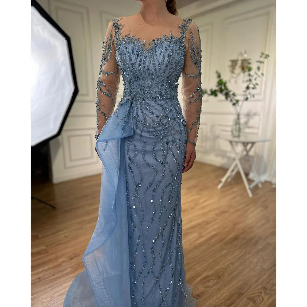 Serene Hill Blue Long Sleevele Elegant Mermaid High Split Evening Dresses 2024 Women Party Gowns with Side Skirt LA72044