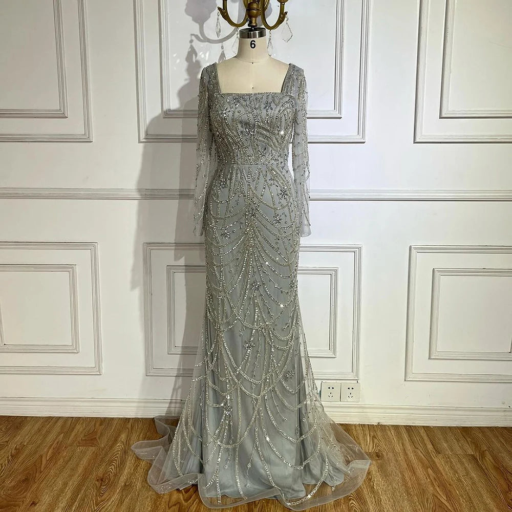 Serene Hill Luxury Dubai Green Mermaid Elegant Crystal Beaded Arabic Evening Dresses Gowns For Women Wedding Party 2023 BLA72242