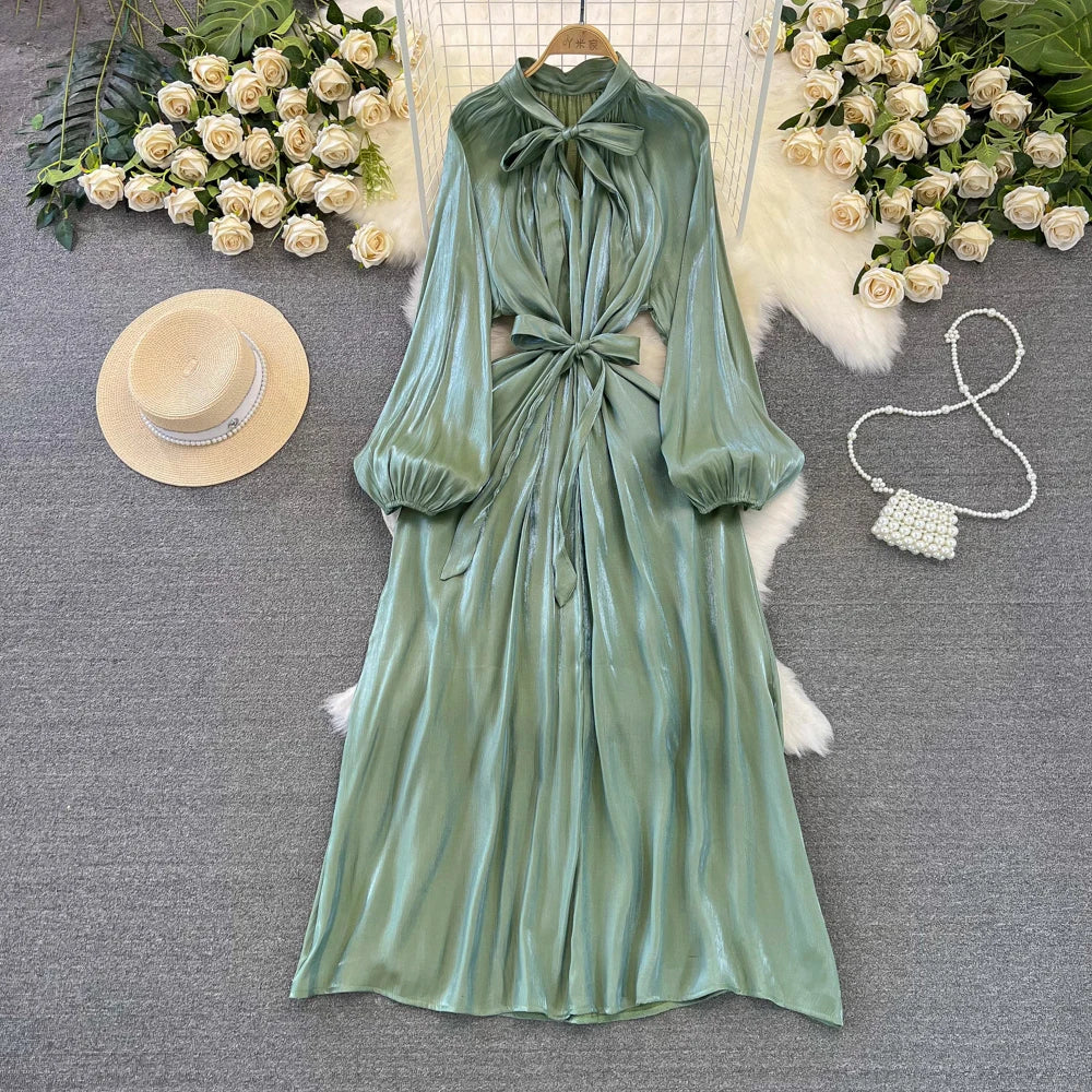 Autumn Elegant Women Fashion Party Long Dress Bow Lace Up Long Sleeve Evening Dresses A-Line Casual Vestidos One Piece Prom Robe