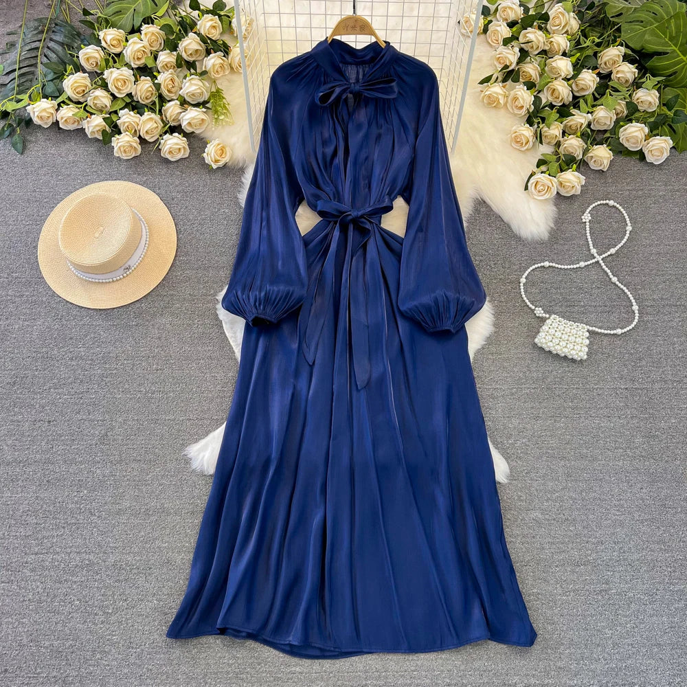 Autumn Elegant Women Fashion Party Long Dress Bow Lace Up Long Sleeve Evening Dresses A-Line Casual Vestidos One Piece Prom Robe