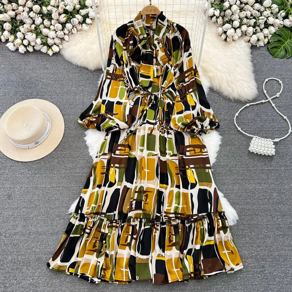 Elegant Casual A-Line Vintage Ruffle Print Long Dress Autumn Lantern Sleeve Party Boho Dresses Beach Holiday Female Vestidos