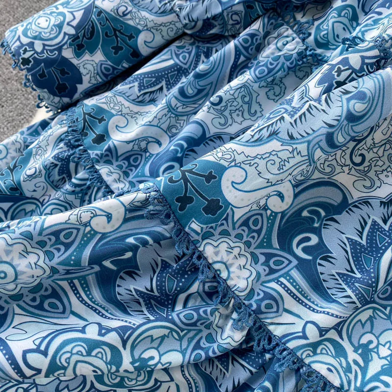 Spring Summer Women Dresses Elegant Vintage Print Holiday Bohemian Beach Dress Stand Collar Long Sleeve Ruffle Tiered Mini Dress