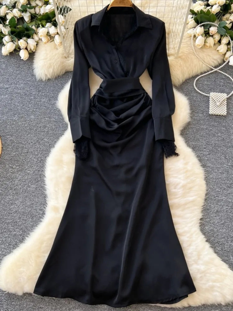 Elegant Solid Satin Midi Dress for Women Autumn Long Sleeve Lace Patchwork Office Work Shirt Dresses Lace-up Slim Waist Vestidos