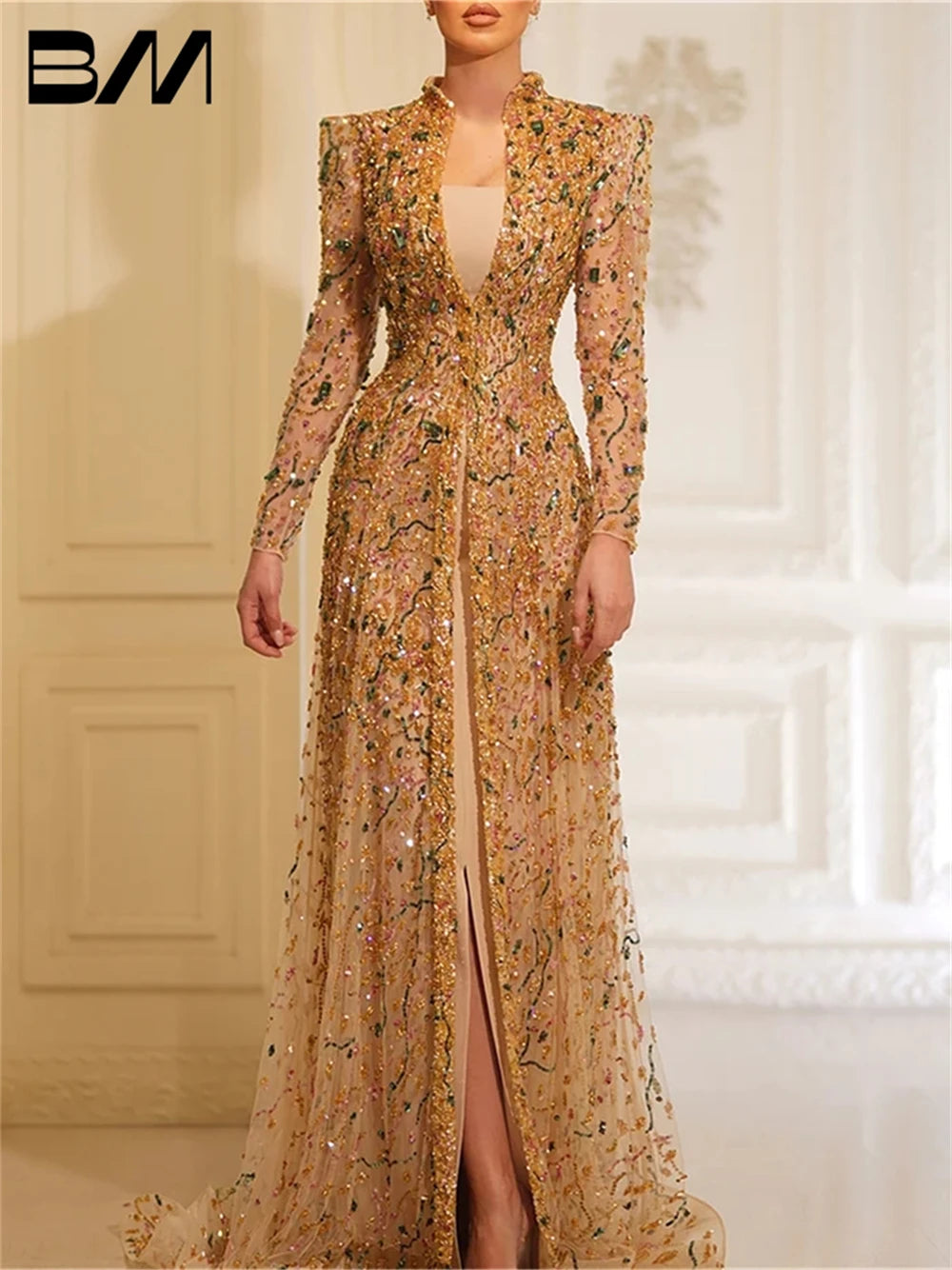 Long Sleeve A Line Prom Dress Beads Evening Dresses Cocktail Dresses Vestidos De Gala Formal Occasion Dresses