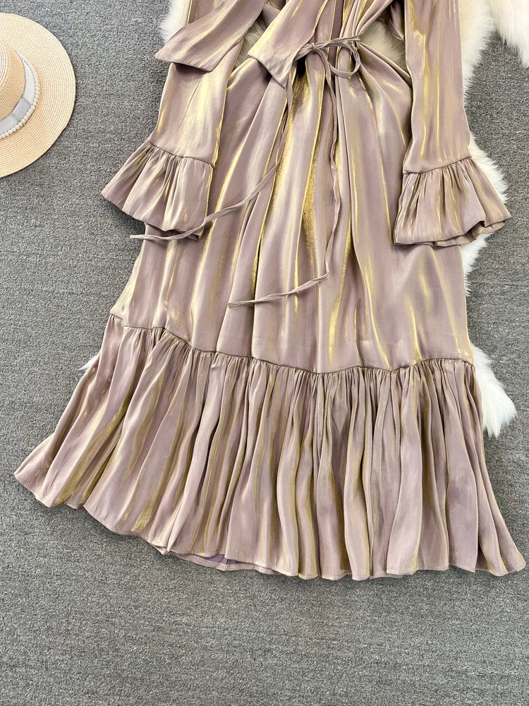 Elegant and Chic Solid Evening Dresses for Women Fashion New Bow Lace Up Flare Long Sleeve A-Line Vestidos Autumn Female Clothes