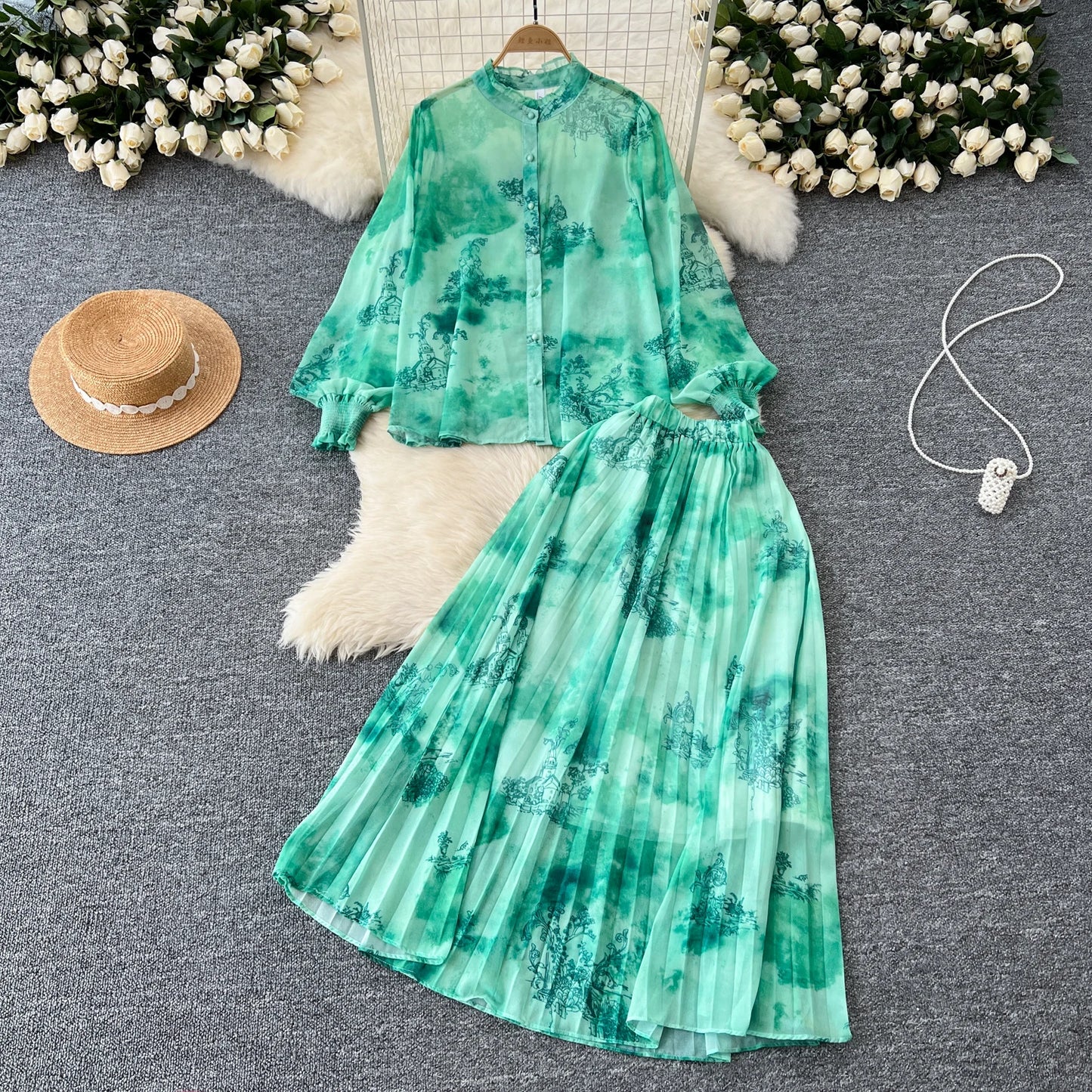 Women Chic Print Sweet Two Pieces Sets Bow Lantern Long Sleeve Top High Waitst Wide Skirt Fashion Summer Sets