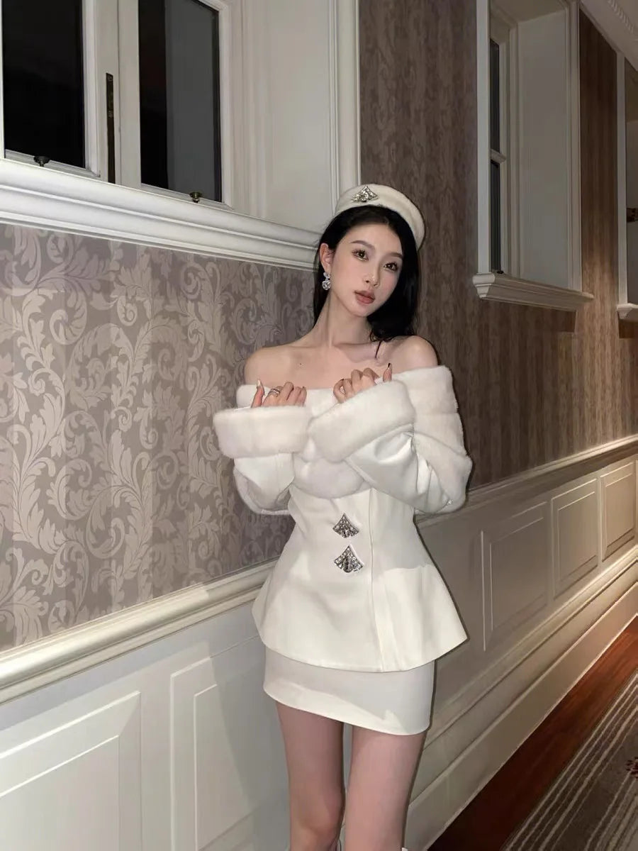 Off Shoulder Removable Faux Fur Shawl 2-Piece Set Elegant Luxury Old Money Style Set Coat+Hip Wrap Short Skirt Spring Female