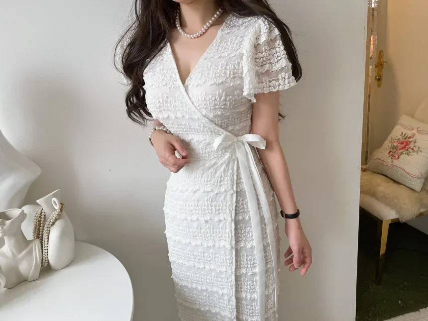Women Elegant Bodycon Dress Summer Sexy V-neck Short Sleeve Korean Long Dresses Ladies Vintage Solid White Black Long Robe