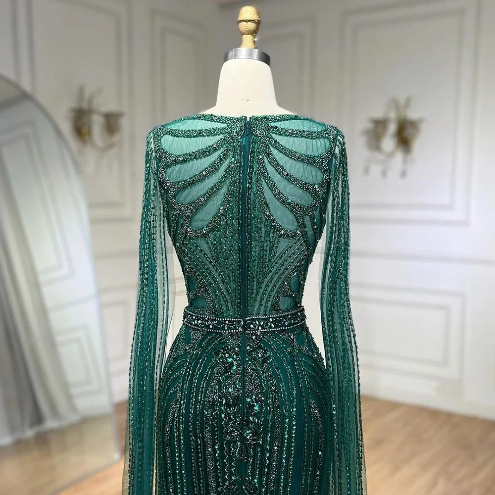 Serene Hill Brown Mermaid Elegant 2024 With Cape Sleeves Beaded Luxury Evening Dresses Gowns For Women Party LA70638