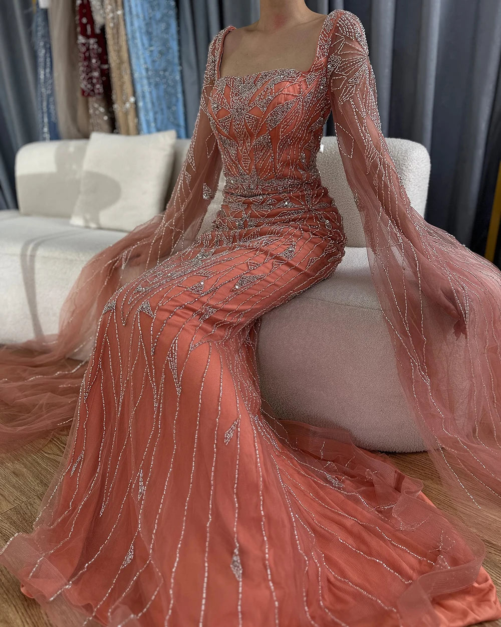 Serene Hill Arabic Pink Cape Sleeves Mermaid Dubai Evening Dresses Beaded Luxury Wedding Party Gowns For Women 2024 LA72261