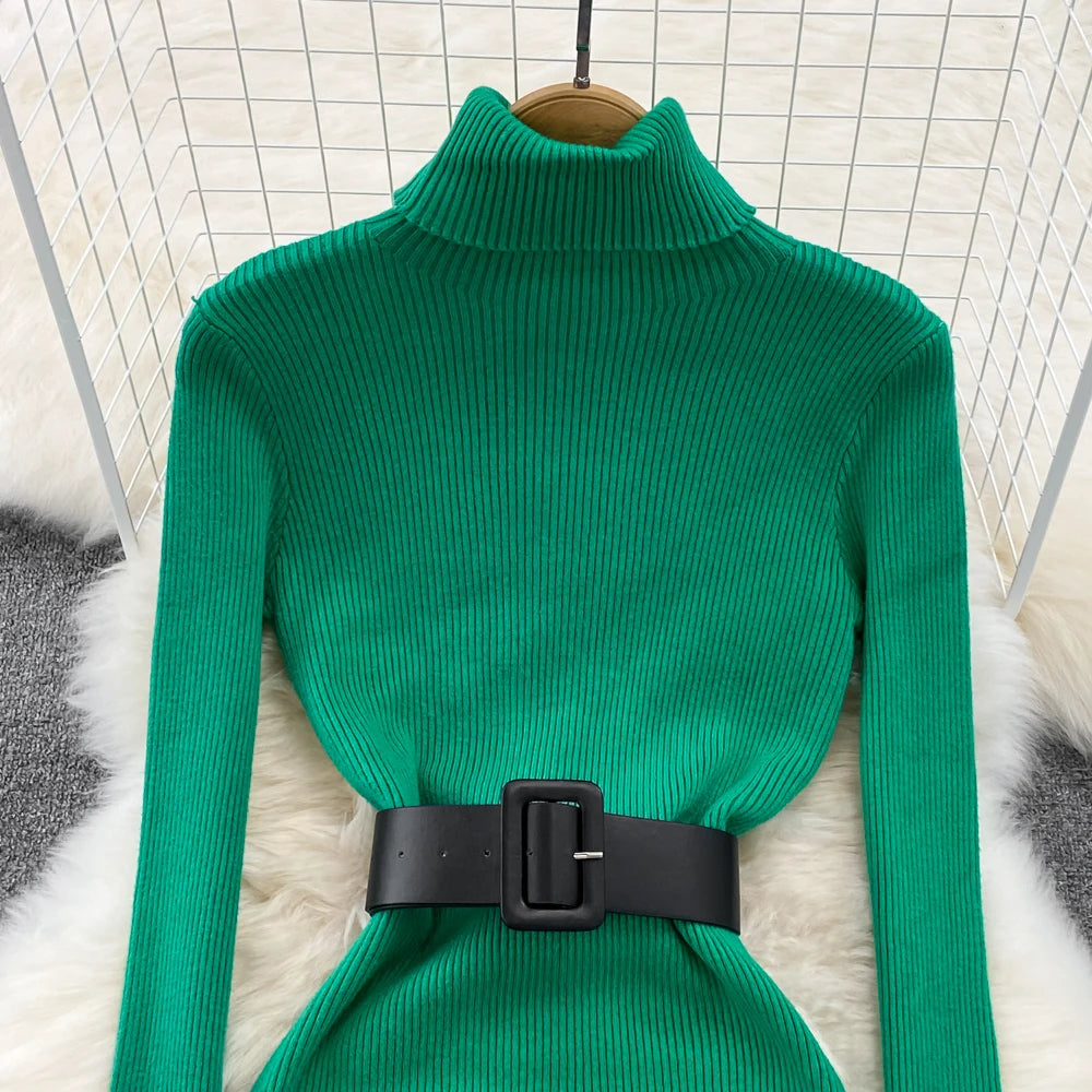 Elegant Turtleneck Long Sleeve Knit Soft Tight Pencil Dress with Belt Slim Fashion Warm Sweater Vestido Sexy Women Winter Robe