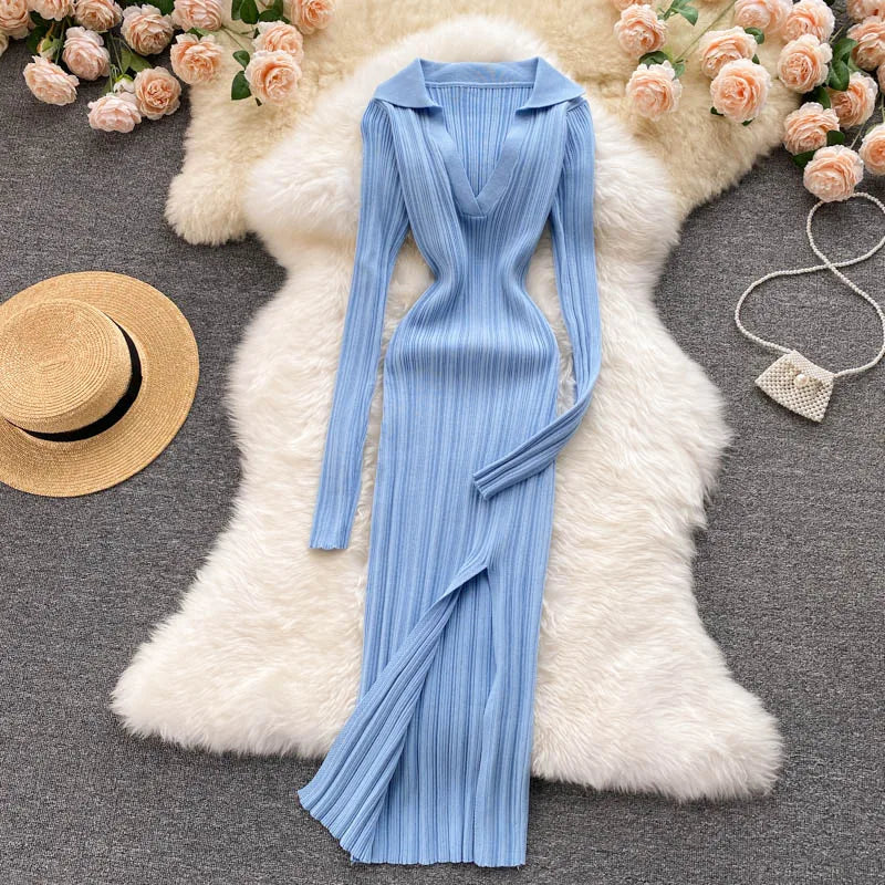 Women Long Sleeve Sexy Bodycon Dress with slit Vintage French Fashion Knit v neck Vestidos Basic Tight Elegant Slim Chic Dresses