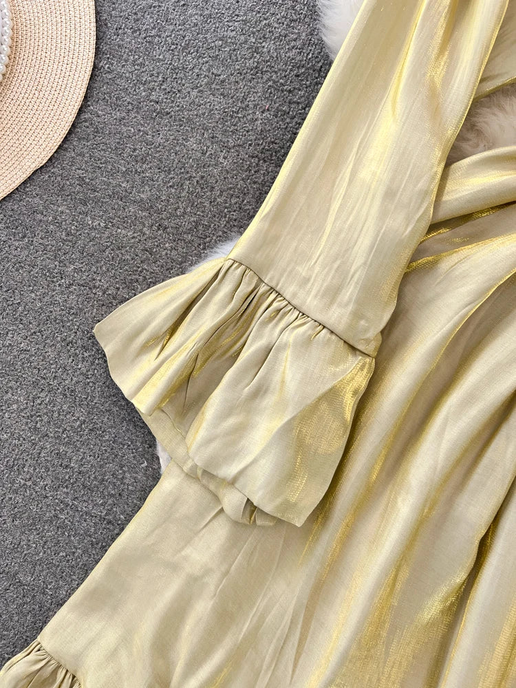 Elegant and Chic Solid Evening Dresses for Women Fashion New Bow Lace Up Flare Long Sleeve A-Line Vestidos Autumn Female Clothes