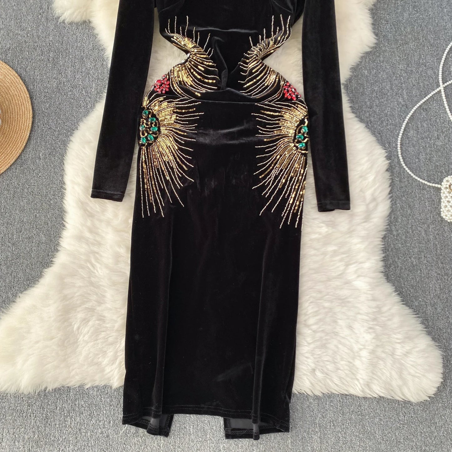 Chic Elegant Long Sleeve O Neck Rhine Stone Sequin Velvet Dress Sexy Vestidos High Waist Women Autumn Ceremonial Dress