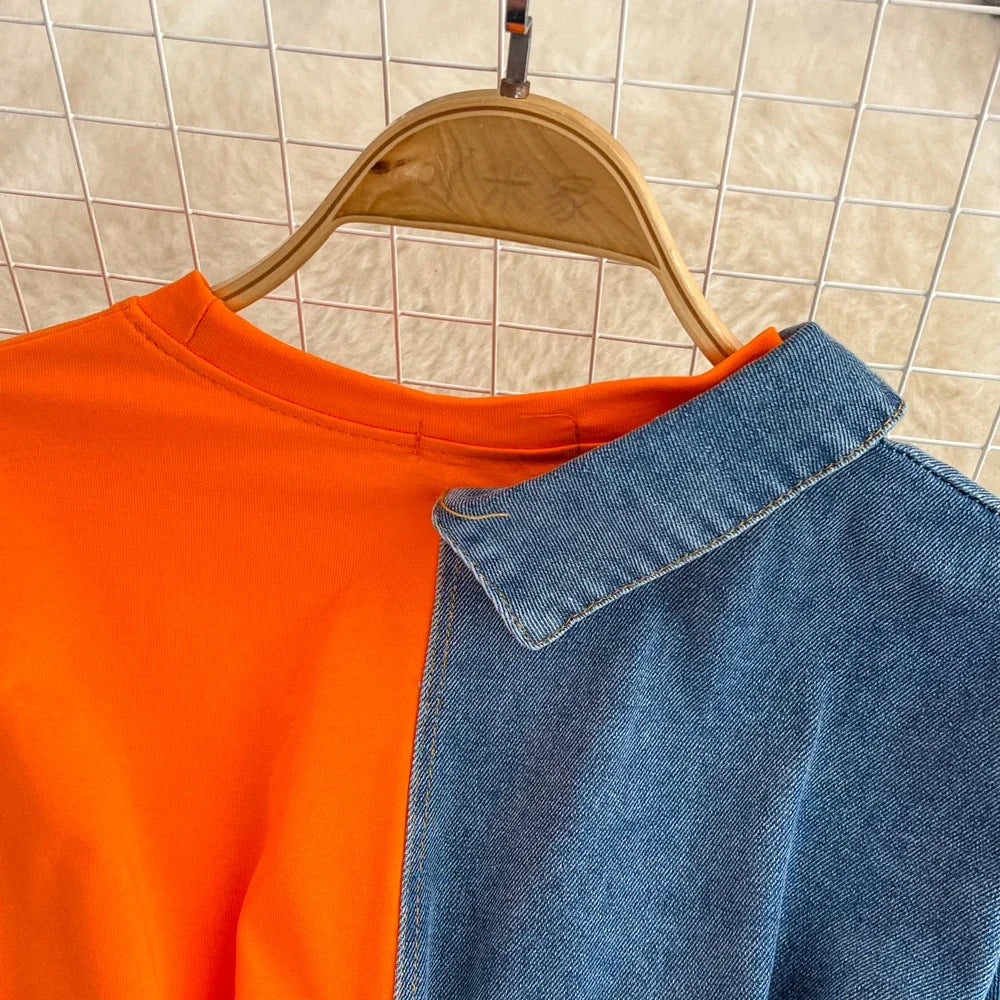 Women Summer Casual T Shirt Short Sleeve Streetwear Patchwork Denim Long Shirts Female O-neck Slim Jeans Tops