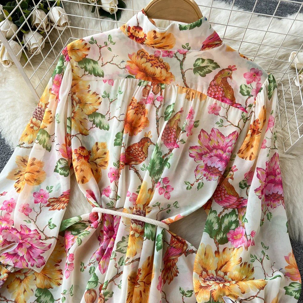 Spring Vacation Dresses For Women Long Sleeve Vintage Floral Print Dress Stand Collar Ruffle Hem Chiffon Mini Dress Tie Belt