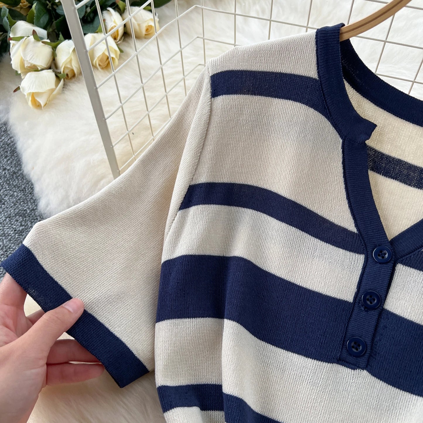 Sexy Chic short sleeve PATCHWORK v-Neck Striped Knit Dress Elegant Fashion Party Slim Summer A-line sweet dresses