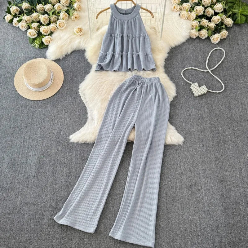 Summer Women Fashion Elegant Casual Pantsuit Halter Vintage Crop Tops Wide-Leg Pants Two Pieces Set Female Party Clothes New