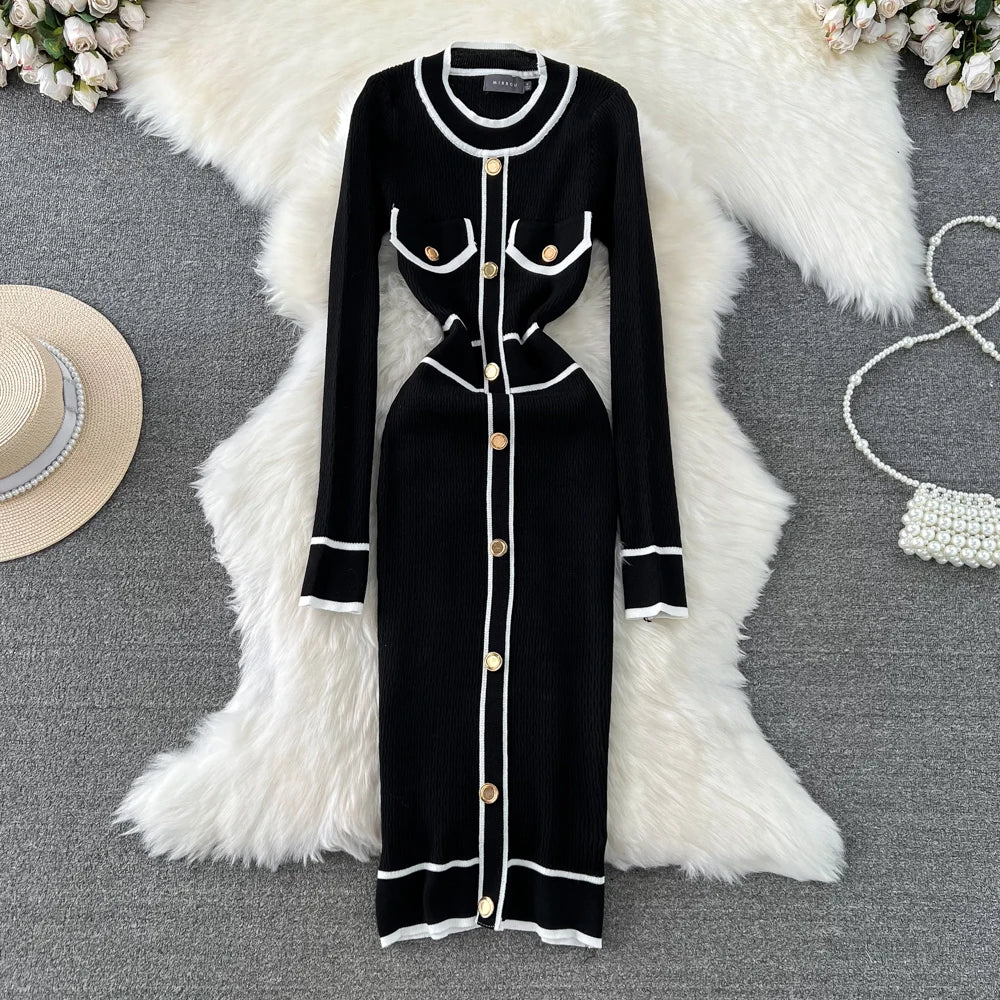Women Elegant Bodycon Slim Party Knitted Dress Long Sleeve O-Neck Vintage Chic Prom Birthday Vestidos Autumn Female Long Robe