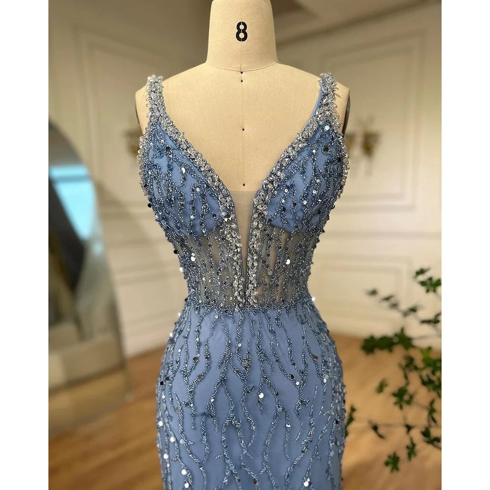Serene Hill Pink Mermaid High Split Luxury Evening Dresses Feather Beaded Gowns Long 2024 For Women Wedding Party LA72152