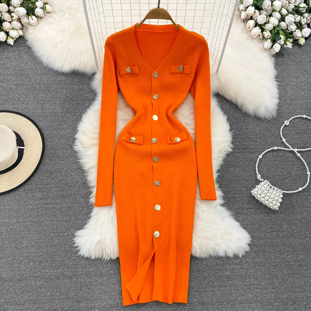 Sexy Split V-neck Long Sleeve Bodycon Dress Chic Elegant Evening Party French Fashion Knit Vestidos Women Autumn Pencil Dress