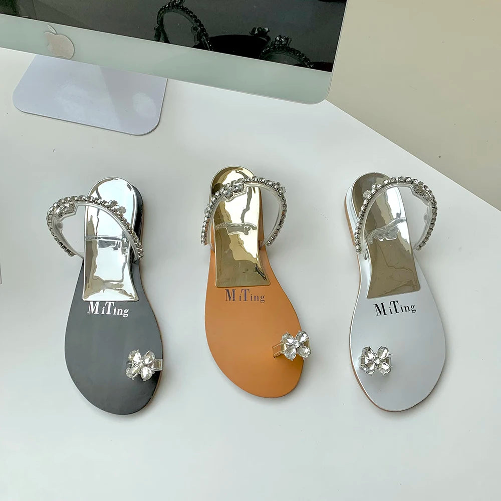 Clip Toe Women Sandals Slippers Black Brown Silver Summer Outside Mules Shoes Rhinestone Chain Low Heels Party Pumps Size 35-39