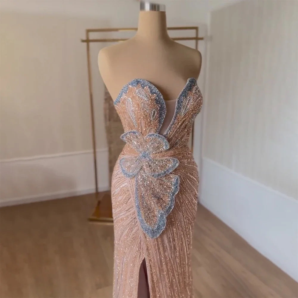 Serene Hill 2024 Saudi Arabic Pink Strapless Mermaid Evening Dress with High Split for Formal Occasion BLA72480