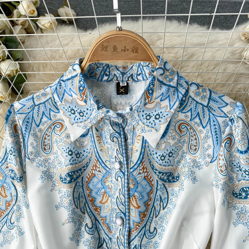 Retro Printed Party Dress Women Polo Collar Long Sleeve Elegant Long Dresses Spring Autumn French Single Breasted Shirt Dress
